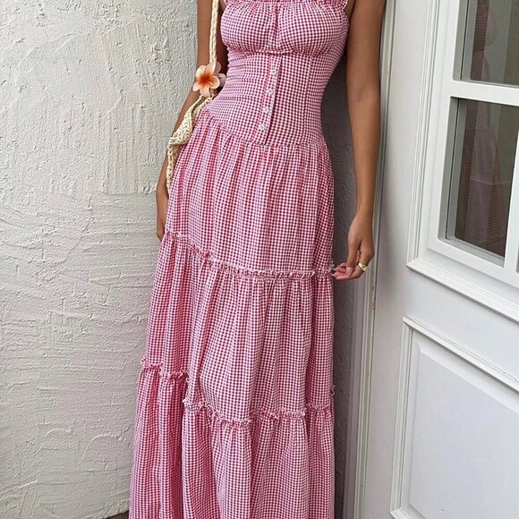 Red And White Casual Women's Elegant Flowy Dress - Picture 3 of 8